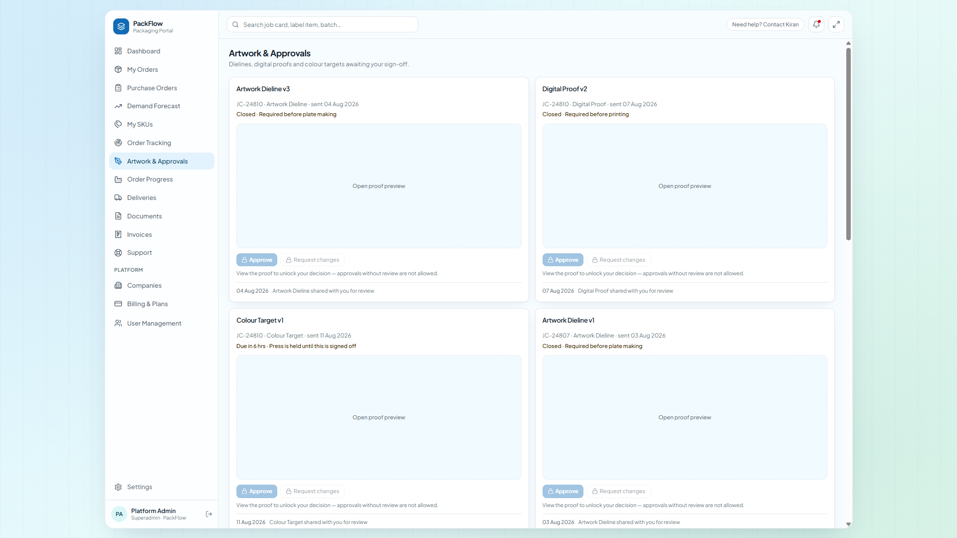 3 · Artwork & Approvals — gated proofs